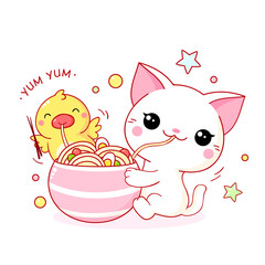Cute white cat and yellow duck eat ramen noodles