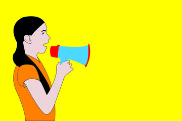 Young girl with megaphone. Girl with loudspeaker. announce a discount or sale. Advertise using speakers