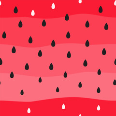 Watermelon vector seamless pattern with black seeds on red background. Summer fruit tropical illustration