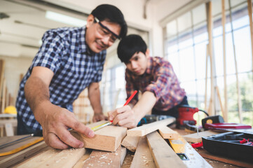 professional carpenters woodworking teamwork together creatively, creative carpenter working workshop for wooden craftman with wood, carpentry industry worker team partner joiner with wood job