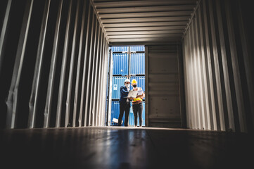 Businessmen, executives and engineers wear medical face masks. While inspecting industrial plants and warehouses for international shipping businesses Concepts of import and export.