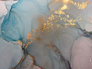 Abstract blue art with gold — fluid background with beautiful smudges and stains made with alcohol ink and golden pigment. Turquoise texture resembles scales, ocean, watercolor or aquarelle. - obrazy, fototapety, plakaty