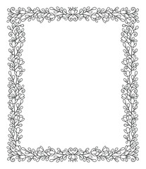 Decorative floral frame on white background with flowers and branches