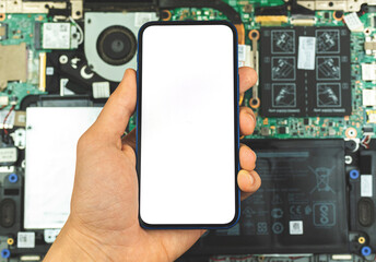 Handyman maintenance mockup concept, mobile phone with blank white screen on background of tech repair, copy space