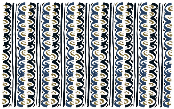 Tribal folk woodcut lino cut repetitive pattern. Blue gold black ink hand made ornament decorative motif. Low-fi ornate indigenous tribal style. Naive art retro folk decor wallpaper textile print