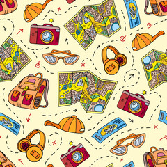 Travel seamless pattern with bag, map, camera, tickets, cap for holiday journey. Vector endless ary for wripping paper, rextile, fabric, paper gift, design. Summer wallpaper.