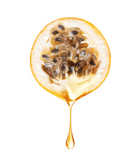 A drop of juice drips from half a passion fruit closeup on a white background