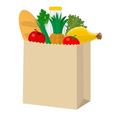 Paper bag with food. Grocery delivery concept. Vector illustration in cartoon style.