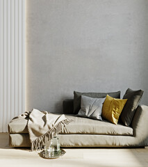 Living room interior wall mock up with gray sofa, yellow pillow and plaid on empty beige wall background. 3D rendering.