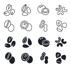 Fototapeta na wymiar Nuts icon set. Vector linear icons, contour, outline. Silhouette isolated on white. Almond cashew coffee hazelnut peanut pistachios walnut coconut collection. Modern design. Healthy food and vitamins