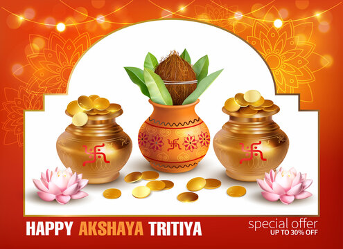 Promotion banner with Kalash, gold pots, coins and lotus flowers for Indian festival Akshya Tritiya. Vector illustration.