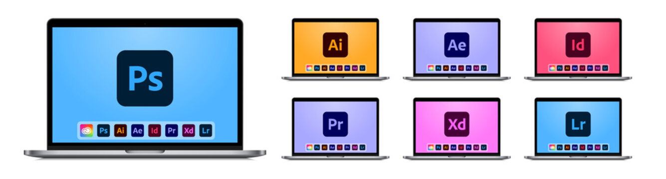 Adobe applications logo on laptop device mockup : Photoshop, Illustrator, After Effects, Indesign, Premiere, Xd, Lightroom. Creative computer software, app presenation. Vector illustration.