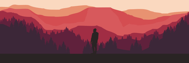 man standing alone in forest with mountain flat design vector illustration
