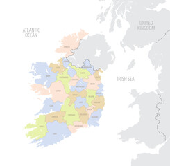 Detailed location map of Ireland in Europe with administrative divisions of the country, vector illustration