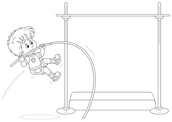 Cheerful little boy vaulting over a high bar with a long flexible pole at a competition on a stadium, black and white outline vector cartoon illustration for a coloring book page