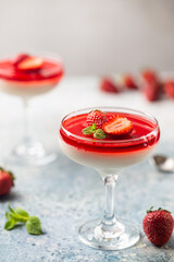 Italian panna cotta dessert with strawberry sirup and mint leaf