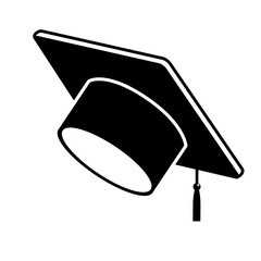Black graduate cap glyph icon vector object on white background. Student hat element. Learning, education, graduation, success symbol. Master degree sign. Knowledge concept.