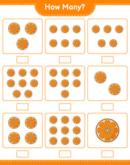 Counting game, how many Orange. Educational children game, printable worksheet, vector illustration