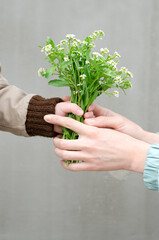 The son gives his mother a bouquet of wildflowers, close-up. Mother's holiday. A child gives...