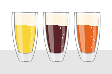 Three Beer glasses isolated on white background. Craft beer glass in different versions. Vector flat clipart. Glasses with beer of different varieties. Light, dark, red beer