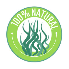 Seaweed emblem, 100 percent natural. Round sticker for print profucts of dietary nutrition and cosmetics for the beauty industry.