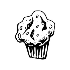 Cupcake hand drawn doodle icon. Vector sketch illustration of muffin with chocolate, isolated on white background