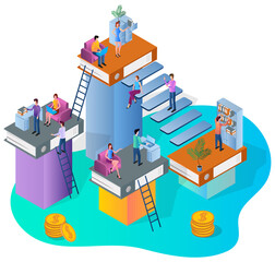 Coworking.Office work and workspace.Organization of the workflow.3d image.Isometric vector illustration.