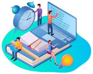 Online lessons.Webinars and video tutorials.Learning at home from an online teacher.Distance education.3d image.Isometric vector illustration.