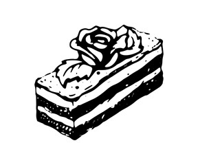 Piece of cake hand drawn doodle icon. Vector sketch illustration of sweet dessert pie with rose, isolated on white background