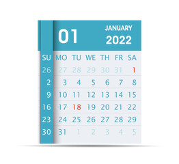 2022 January Month Calendar Flat design. Calendar Leaf