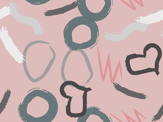 Cute seamless pattern with brush-drawn circles, hearts, strokes.