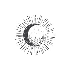 Hand Drawn Moon Logo with Flowers, herbs and sunburst. Magic Moon Logo