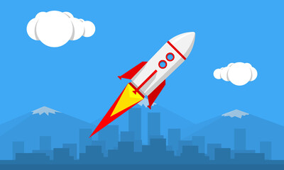 Naklejka na ściany i meble Rocket flight flat vector illustration on blue background. Startup concept.