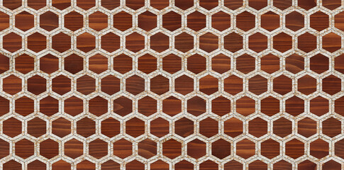 Seamless wooden background. Brown and white wooden wall with hexagonal pattern.  - 431570550