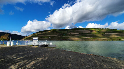 Fototapeta na wymiar River, port and vineyards in Deutschland