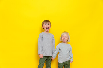 Fototapeta na wymiar A funny childhood of two boys who grimace and tease, showing their tongues. Portrait on a colored background.