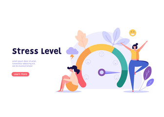 People are on the mood scale. Concept of emotional overload, stress level, burnout, increased productivity, tiring, boring, positive, frustration employee in job. Vector illustration in flat design - obrazy, fototapety, plakaty