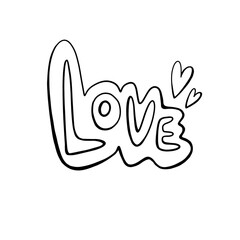Love lettering with two hearts. Linear image.