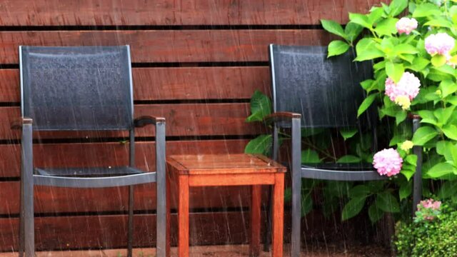  strong rain on garden chairs, sound
