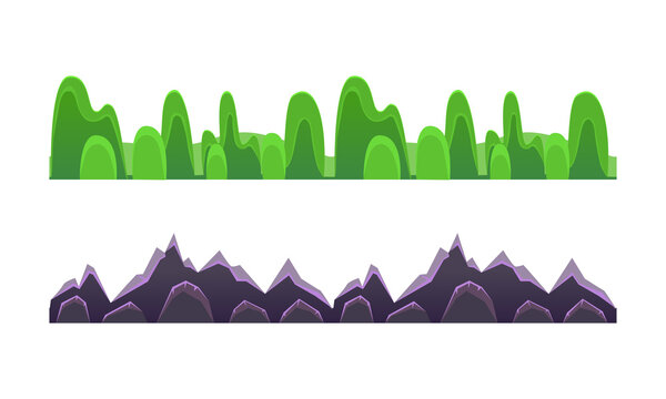 Alien Planet Mountain Landscape Set, Game Level, Fantasy Ground Surface, Computer Game Interface Cartoon Vector Illustration