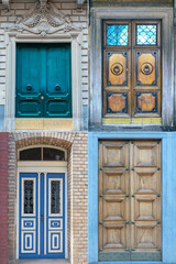 four wooden doors with a beautiful decorative finish in the historical part of various European cities