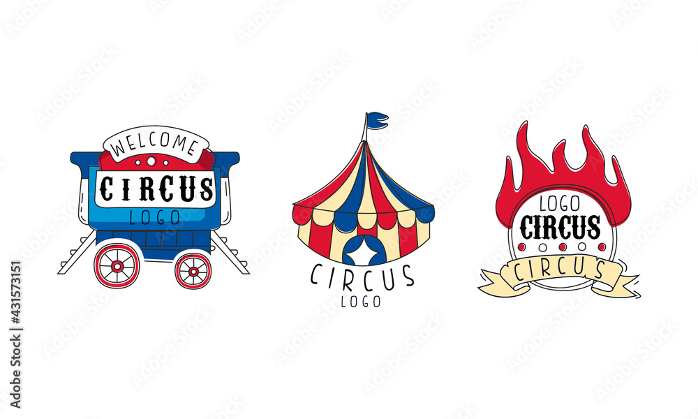 Sticker Welcome Circus Logo Set, Carnival and Circus Show Retro Badges and Labels Hand Drawn Vector Illustration