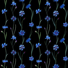 Seamless pattern of blue cornflowers on a black background. Vertical. Watercolor. Illustration