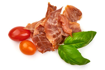 Cold smoked salmon belly strips, isolated on white background