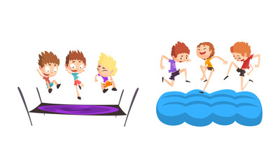 Happy Kids Playing Trampoline Set, Cute Boys Bouncing and Having Fun Cartoon Vector Illustration