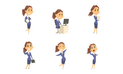 Businesswoman Character with Briefcase Having Busy Working Day Vector Set