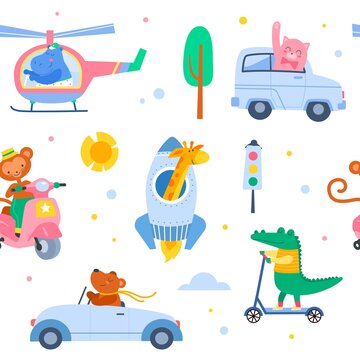 Animal transport seamless pattern. Cute characters in vehicles, baby beasts in helicopter and scooter, adventure travel. Decor textile, wrapping paper wallpaper vector print or fabric