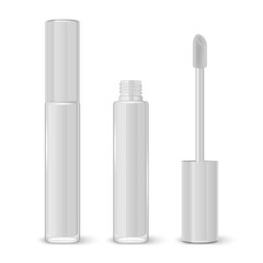 Vector 3d Realistic Closed, Opened White Lip Gloss, Lipstick Package Set Isolated on White Background. Glass Container, Tube, Lid, Brush. Plastic Transparent Bottle Design Template, Mockup. Front View