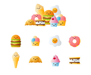 Funny food smiling characters. Smiling burger, ice creams, cakes, donuts etc. isolated on white. Bright icons of food with simple gradient. 
