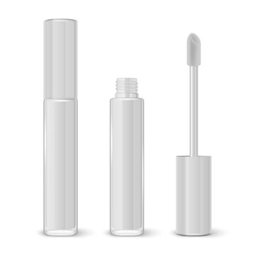 Vector 3d Realistic Closed, Opened White Lip Gloss, Lipstick Package Set Isolated on White Background. Glass Container, Tube, Lid, Brush. Plastic Transparent Bottle Design Template, Mockup. Front View